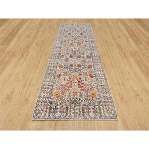 4'2"x12' Chalk Beige, Silk With Textured Wool, Soft and Plush Pile, Hand Knotted, Directional Vase Design, Wide Runner Oriental Rug FWR545802