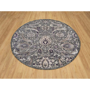 8'x8' Tarmac Brown, Hand Knotted With Essence Of Black, Sickle Leaf Design, Plush and Lush, Wool and Silk, Borderless Round Oriental Rug FWR545838