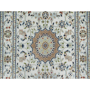 2'8"x17'8" Daisy White, Nain with Center Flower Design, 250 KPSI, Hand Knotted, Soft Pile, Wool and Silk, XL Runner, Oriental Rug FWR545844