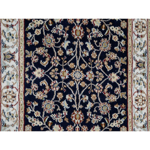 2'8"x18' Midnight Blue, Nain with All Over Flower Design, Soft Pile, Wool and Silk, 250 KPSI, Hand Knotted, XL Runner, Oriental Rug FWR545856
