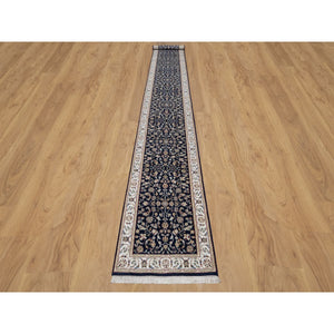 2'8"x18'1" Graphite Blue, Nain with All Over Flower Design, Wool and Silk, 250 KPSI, Hand Knotted, XL Runner, Oriental Rug FWR545874