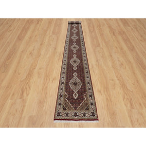 2'7"x20'4" Scarlet Red, Tabriz Mahi With Fish Medallion Design, Pure Wool, Hand Knotted, Densely Woven, Xl Runner, Oriental Rug FWR545880