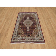Load image into Gallery viewer, 4&#39;x6&#39;2&quot; Carmine Red, Densely Woven, Tabriz Mahi With Fish Medallion Design, Soft Wool, Hand Knotted, Oriental Rug FWR545898