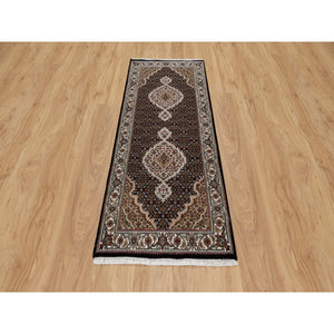 2'7"x6'3" Rich Black, Hand Knotted, Tabriz Mahi with Fish Medallion Design, 175 KPSI, Pure Wool, Runner, Oriental Rug FWR545916