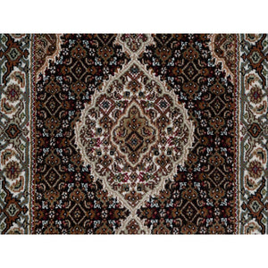 2'7"x6'3" Rich Black, Hand Knotted, Tabriz Mahi with Fish Medallion Design, 175 KPSI, Pure Wool, Runner, Oriental Rug FWR545916
