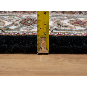 2'7"x6'3" Rich Black, Hand Knotted, Tabriz Mahi with Fish Medallion Design, 175 KPSI, Pure Wool, Runner, Oriental Rug FWR545916