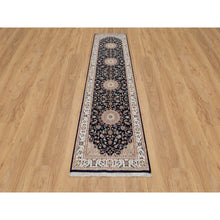 Load image into Gallery viewer, 2&#39;6&quot;x10&#39; Vulcan Blue, Nain With Center Flower Medallion Design, Hand Knotted, Wool And Silk, 250 Kpsi, Runner, Oriental Rug FWR545934