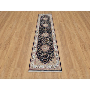 2'6"x10' Vulcan Blue, Nain with Center Flower Medallion Design, Hand Knotted, Wool and Silk, 250 KPSI, Runner, Oriental Rug FWR545934