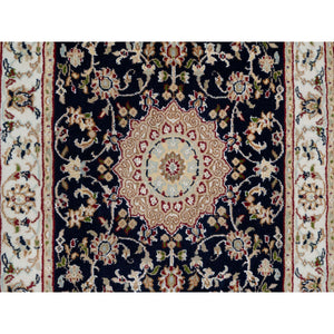 2'6"x10' Vulcan Blue, Nain with Center Flower Medallion Design, Hand Knotted, Wool and Silk, 250 KPSI, Runner, Oriental Rug FWR545934