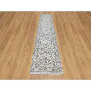 2'8"x12'2" Pearl White, Nain With All Over Floral Design, Wool And Silk, Hand Knotted, 250 Kpsi, Runner, Oriental Rug FWR545946