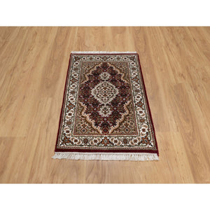 2'x3' Vermilion Red, Tabriz Mahi With Fish Medallion Design, Soft Wool, Hand Knotted, Densely Woven, Mat, Oriental Rug FWR545958