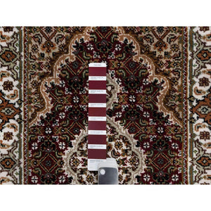 2'x3' Vermilion Red, Tabriz Mahi With Fish Medallion Design, Soft Wool, Hand Knotted, Densely Woven, Mat, Oriental Rug FWR545958