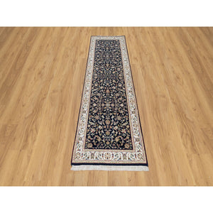 2'7"x8'1" Midnight Blue, Wool And Silk, Nain With All Over Flower Design, Soft Pile, 250 Kpsi, Hand Knotted, Runner, Oriental Rug FWR546048