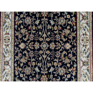 2'7"x8'1" Midnight Blue, Wool And Silk, Nain With All Over Flower Design, Soft Pile, 250 Kpsi, Hand Knotted, Runner, Oriental Rug FWR546048