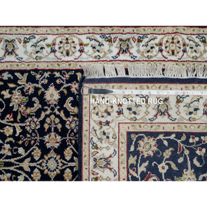 2'7"x8'1" Midnight Blue, Wool And Silk, Nain With All Over Flower Design, Soft Pile, 250 Kpsi, Hand Knotted, Runner, Oriental Rug FWR546048
