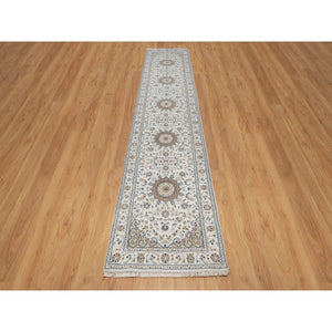2'8"x12'7" Powder White, Nain With Flower Medallion Design, 250 Kpsi, Soft Pile, Hand Knotted, Wool And Silk, Runner, Oriental Rug FWR546054