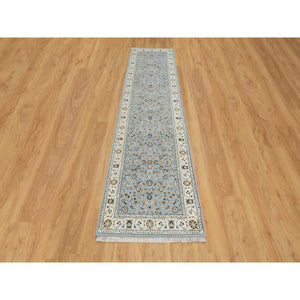 2'8"x10'3" Light Blue, 250 KPSI, Nain with All Over Flower Design, Wool and Silk, Hand Knotted, Runner, Oriental Rug FWR546060