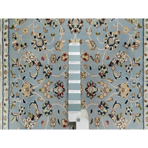 2'8"x10'3" Light Blue, 250 KPSI, Nain with All Over Flower Design, Wool and Silk, Hand Knotted, Runner, Oriental Rug FWR546060