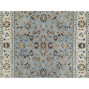 2'8"x10'3" Light Blue, 250 KPSI, Nain with All Over Flower Design, Wool and Silk, Hand Knotted, Runner, Oriental Rug FWR546060