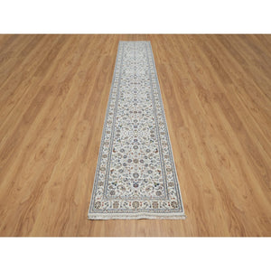 2'9"x14' Chiffon White, Wool and Silk, Nain with All Over Flower Design, Hand Knotted, 250 KPSI, Runner, Oriental Rug FWR546066