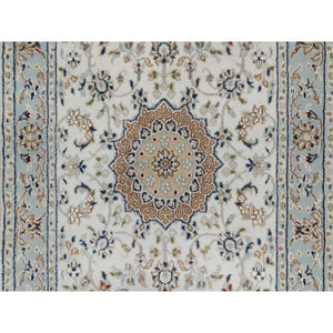 2'5"x10' Spring White, Nain with Center Medallion, Hand Knotted, 250 KPSI, Wool and Silk, Runner, Oriental Rug FWR546078