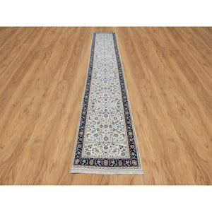 2'8"x14' Spring White, Nain with All Over Flower Design, 250 KPSI, Soft Pile, Wool and Silk, Hand Knotted, Runner, Oriental Rug FWR546090