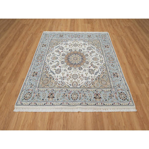 5'9"x5'9" Alabaster White, 250 KPSI, Nain with Flower Medallion Design, Soft Pile, Hand Knotted, Wool and Silk, Square, Oriental Rug FWR546126