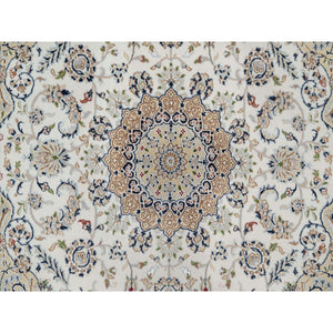 5'9"x5'9" Alabaster White, 250 KPSI, Nain with Flower Medallion Design, Soft Pile, Hand Knotted, Wool and Silk, Square, Oriental Rug FWR546126