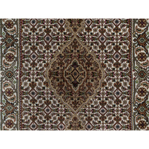 2'10"x8' Daisy White, Tabriz Mahi With Fish Medallion Design, Hand Knotted, Pure Wool, Denser Weave, Runner, Oriental Rug FWR546150