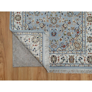 2'8"x12'9" Uranian Blue, Nain With Flower Medallion Design, 250 Kpsi, Soft Pile, Wool And Silk, Hand Knotted, Runner, Oriental Rug FWR546156