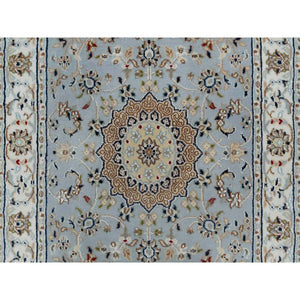 2'8"x12'9" Uranian Blue, Nain With Flower Medallion Design, 250 Kpsi, Soft Pile, Wool And Silk, Hand Knotted, Runner, Oriental Rug FWR546156