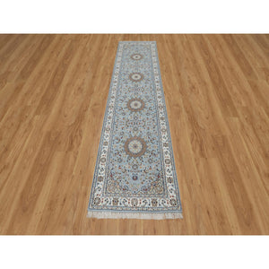 2'8"x10'1" Celeste Blue, 250 KPSI, Wool and Silk, Hand Knotted, Nain with Flower Medallion Design, Runner, Oriental Rug FWR546174