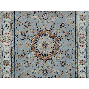 2'8"x10'1" Celeste Blue, 250 KPSI, Wool and Silk, Hand Knotted, Nain with Flower Medallion Design, Runner, Oriental Rug FWR546174
