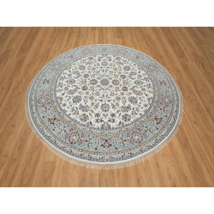 8'x8' Pearl White, 250 KPSI, Nain with All Over Floral Design, Soft Pile, Wool and Silk, Hand Knotted, Round, Oriental Rug FWR546192