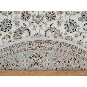 8'x8' Pearl White, 250 KPSI, Nain with All Over Floral Design, Soft Pile, Wool and Silk, Hand Knotted, Round, Oriental Rug FWR546192