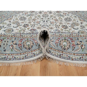 8'x8' Pearl White, 250 KPSI, Nain with All Over Floral Design, Soft Pile, Wool and Silk, Hand Knotted, Round, Oriental Rug FWR546192
