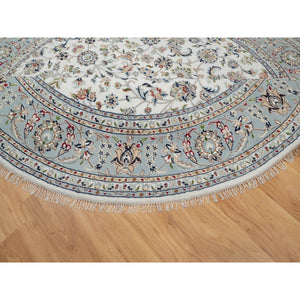 8'x8' Pearl White, 250 KPSI, Nain with All Over Floral Design, Soft Pile, Wool and Silk, Hand Knotted, Round, Oriental Rug FWR546192