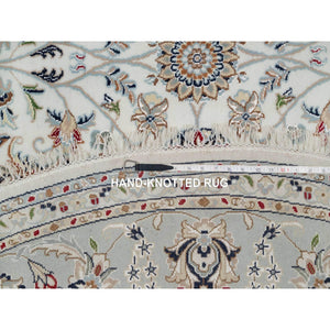 8'x8' Pearl White, 250 KPSI, Nain with All Over Floral Design, Soft Pile, Wool and Silk, Hand Knotted, Round, Oriental Rug FWR546192