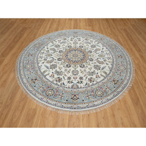 8'1"x8'1" Daisy White, Nain with Floral Medallion Design, Hand Knotted, 250 KPSI, Wool and Silk, Round, Oriental Rug FWR546216