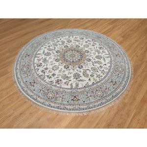 8'1"x8'1" Daisy White, Nain with Floral Medallion Design, Hand Knotted, 250 KPSI, Wool and Silk, Round, Oriental Rug FWR546216