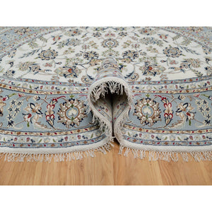 8'1"x8'1" Daisy White, Nain with Floral Medallion Design, Hand Knotted, 250 KPSI, Wool and Silk, Round, Oriental Rug FWR546216