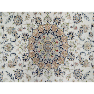 8'1"x8'1" Daisy White, Nain with Floral Medallion Design, Hand Knotted, 250 KPSI, Wool and Silk, Round, Oriental Rug FWR546216