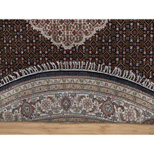 Load image into Gallery viewer, 8&#39;x8&#39; Pitch Black, Tabriz Mahi with Fish Medallion Design, 175 KPSI, Soft and Pure Wool, Hand Knotted, Round, Oriental Rug FWR546246