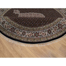 Load image into Gallery viewer, 8&#39;x8&#39; Pitch Black, Tabriz Mahi with Fish Medallion Design, 175 KPSI, Soft and Pure Wool, Hand Knotted, Round, Oriental Rug FWR546246