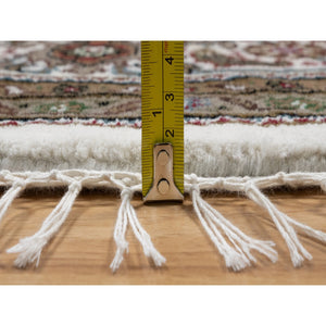 7'6"x7'6" Pearl White, Tabriz Mahi with Fish Medallion Design, Hand Knotted, Pure Wool, Denser Weave, Round, Oriental Rug FWR546252