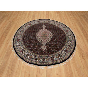 6'x6' Rich Black, Hand Knotted, Tabriz Mahi with Fish Medallion Design, 175 KPSI, Pure Wool, Round, Oriental Rug FWR546258