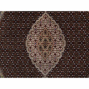 6'x6' Rich Black, Hand Knotted, Tabriz Mahi with Fish Medallion Design, 175 KPSI, Pure Wool, Round, Oriental Rug FWR546258