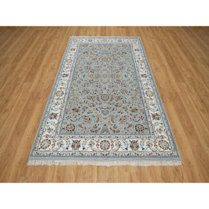 5'x8' Beau Blue, Wool and Silk, Nain with All Over Flower Design, 250 KPSI, Hand Knotted, Oriental Rug FWR546312
