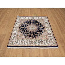 Load image into Gallery viewer, 5&#39;x5&#39; Midnight Blue, Wool and Silk, Hand Knotted, Nain with Center Medallion Flower Design, 250 KPSI, Square, Oriental Rug FWR546324