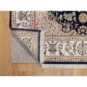 5'x5' Midnight Blue, Wool and Silk, Hand Knotted, Nain with Center Medallion Flower Design, 250 KPSI, Square, Oriental Rug FWR546324